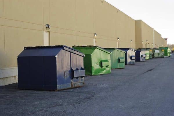 Blue And Green Skip Bins Outside Along Commercial Building