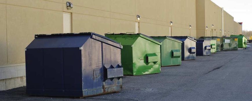 Blue And Green Skip Bins Outside Along Commercial Building